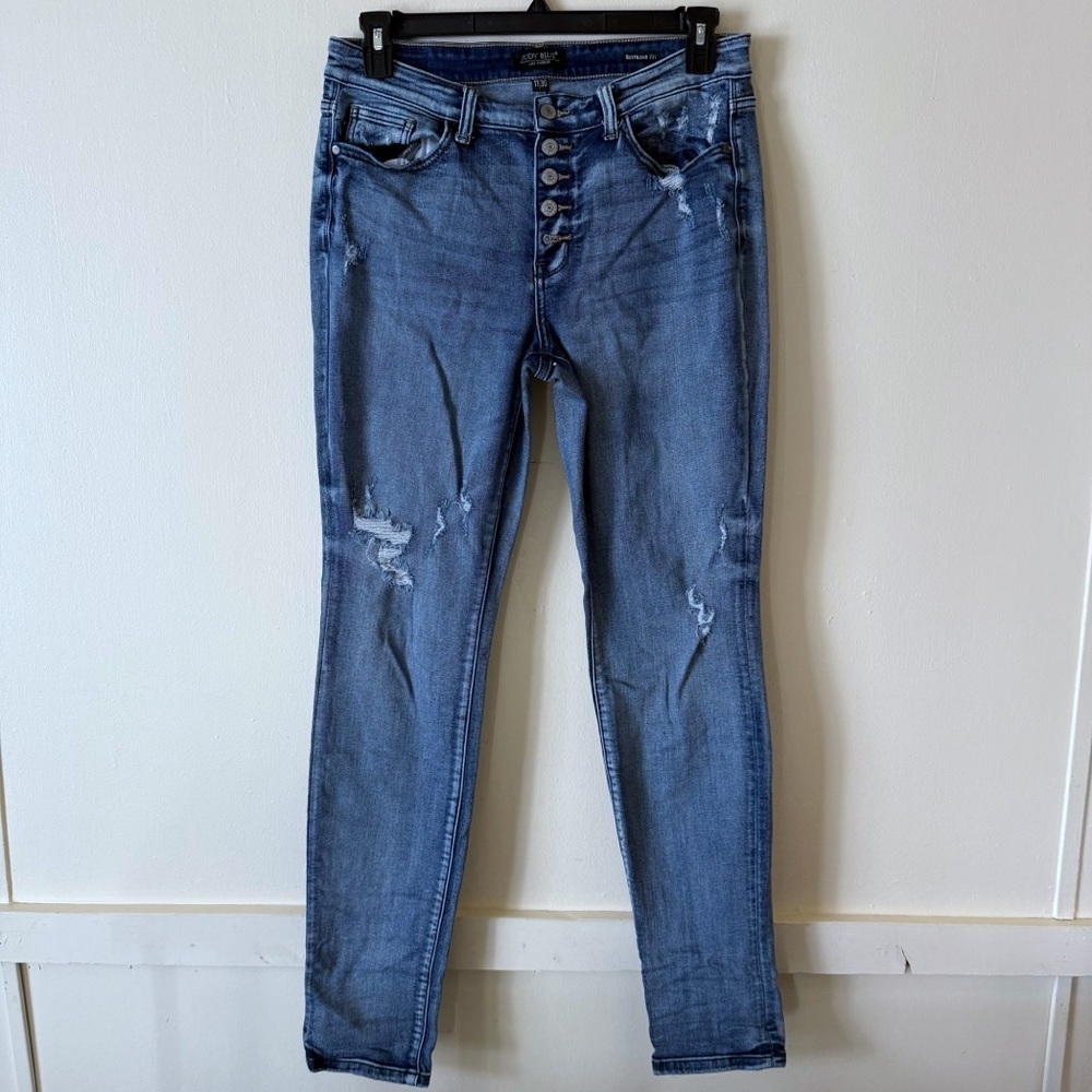 Judy Blue Jeans Mid  Rise Boyfriend Fit Exposed Button Fly Distressed Size 11/30